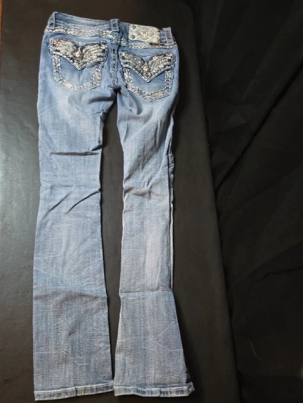 Miss Me Light Blue Skinny Jeans with Embellished Wing Back Pocket - Picture 13 of 15